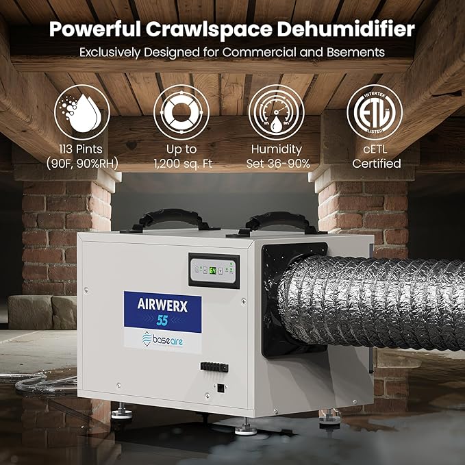 BaseAire Crawl Space Dehumidifier,113 Pint Dehumidifiers with Drain Hose for Basement, Commercial, Industrial, Portable, Auto Defrost, Memory Starting - Image 5