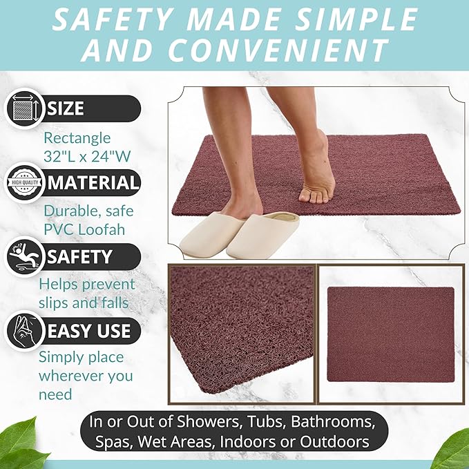 Enkosi Loofah Non-Slip Shower Mat - Shower Floors, Bathtub, Bathrooms, Wet Areas - Cushioned Bath Mat with Drain Holes - Quick Dry PVC, Secure Safety Pad Without Suction Cups (32x24 Brown) - Image 3