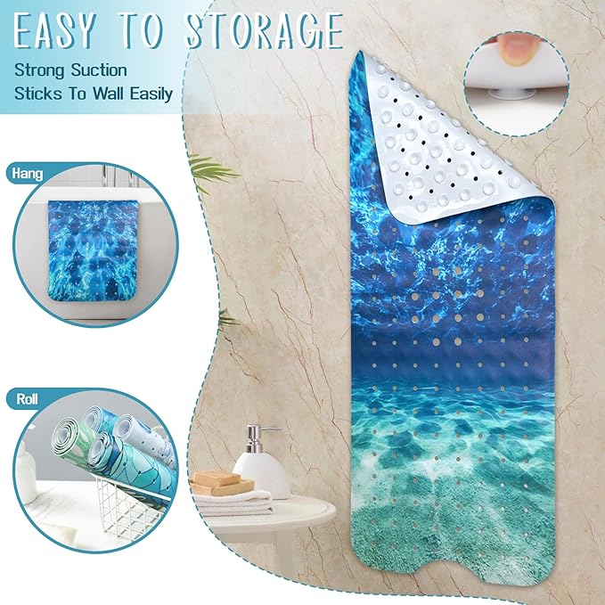 Seawater Bathtub Mat Non Slip, Ocean Waves Bath Tub Mat Baby Bath Mats for Bathroom Anti Slip Shower Mats for Inside Shower, Underwater Bathmat with Suction and Drain Holes Machine Washable, 40″x16″ - Image 6