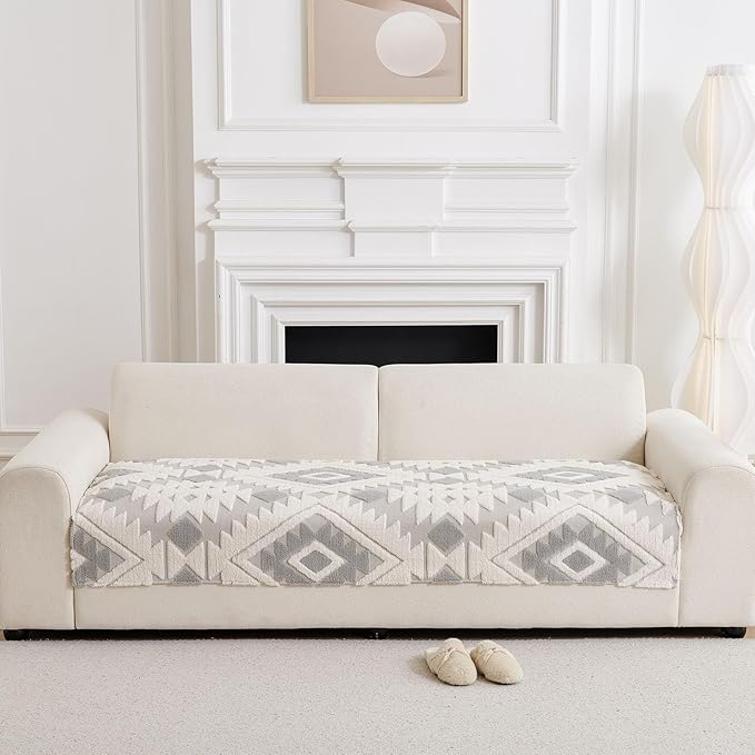 Boho Plush Couch Covers for Sofa Washable, Fuzzy Soft Couch Cover for Sectional Sofa, Non Slip Jacquard Sofa Cover Furniture Protector for Kids, Pets (Light Grey,36"x70") - Image 3