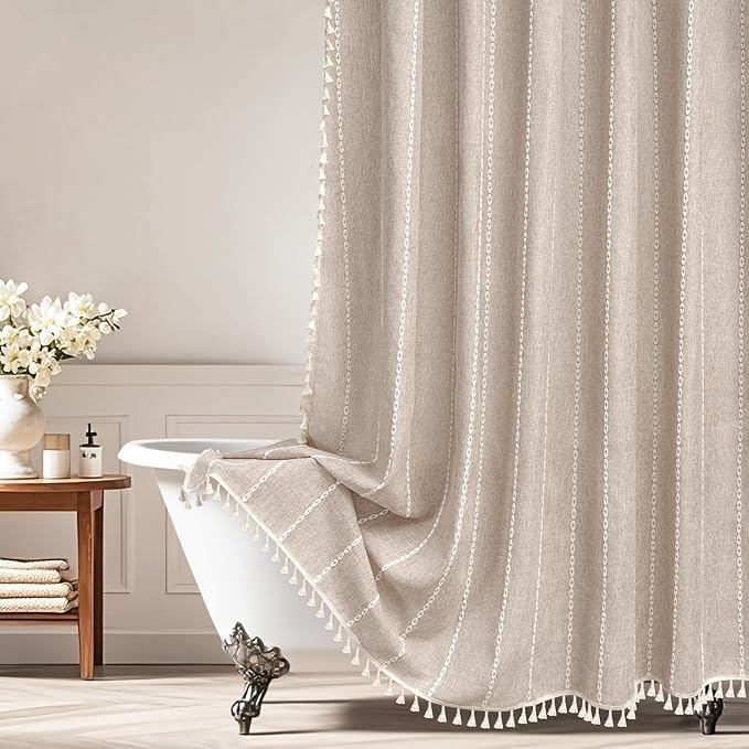 Boho Farmhouse Shower Curtain Heavyweight with Tassels, 72 x 84 Inch Extra Long Taupe Linen Textured Fabric Shower Curtain for Bathroom, Tan and White Striped Bath Décor Curtain Water Repellent by Seenus