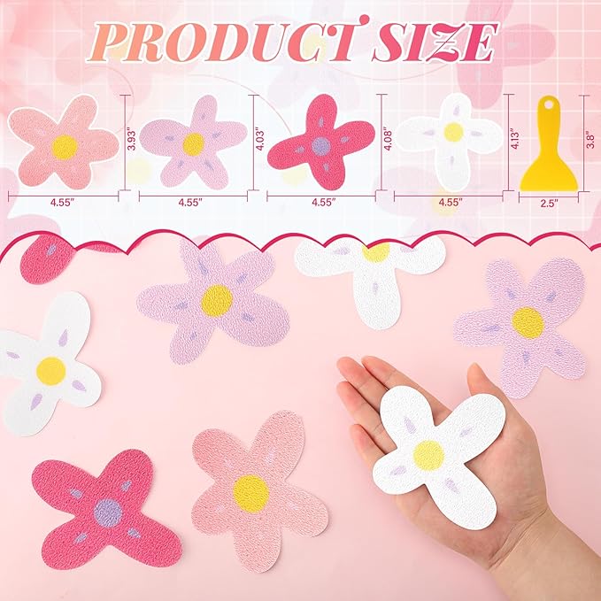 32 Pcs Cute Non Slip Bathtub Stickers for Shower Colorful Bathroom Anti Slip Shower Stickers Floor Applique Adhesive Decals with Scraper for Bathtub Bathroom Floor Pools (Flower) - Image 2
