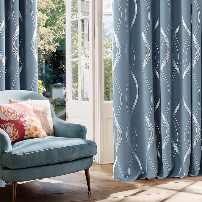 NICETOWN Vintage Blue Foil Printed Curtain for Extra Wide Window, W66 x L84 inch, Wave Line Design Modern Style Drapes Privacy Protection for Room Divider, 2 Panels - Image 2