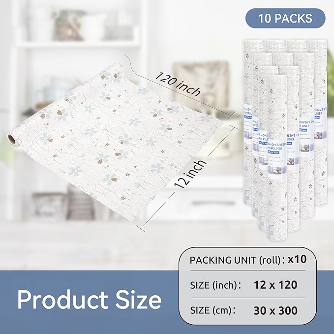 FIFTY FEET 12"x120" Non-Adhesive Shelf Liner for Kitchen Cabinets and Drawers, Washable Non-Slip PVC Cabinet Liner (White Floral)(10 Roll) - Image 5