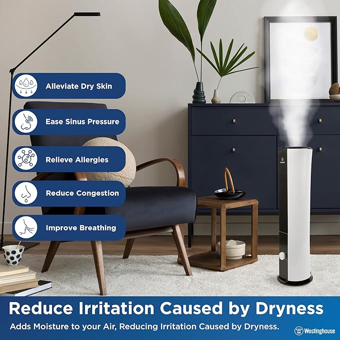 Westinghouse 28-inch Cool Mist Ultrasonic Tower Humidifier, 6L Top Fill Air Humidifier with Essential Oil Diffuser, Adjustable Mist Volume for Large Bedrooms - Image 3