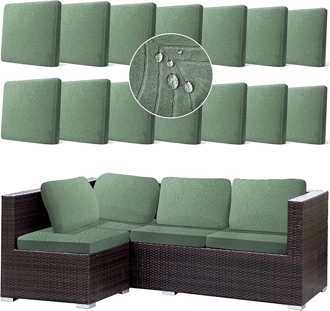 14Pcs Stretch Couch Cushion Covers, Water Resistant Outdoor Sofa Cuhsion Cover Replacement,Washable Outdoor Patio Chair Seat Cushion Covers for Furniture Protect (Sage Green, Leaf Textured) - Image 9