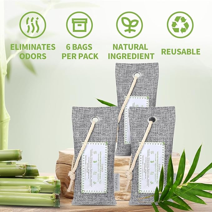CLEVAST Activated Bamboo Charcoal Odor Absorber - 6 x 60g Air Purifying Bags Natural Fresh, Deodorizer and Moisture Eliminator for Home, Closet, Shoes, Car Air freshener Grey - Image 2