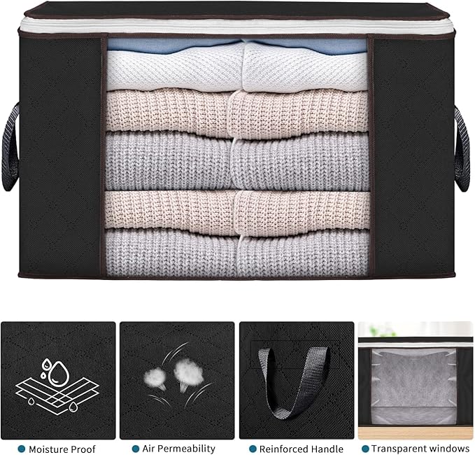 Budding Joy 90 L Large Storage Bags, 10 Pack Clothes Storage Bins Foldable Closet Organizers Storage Containers with Reinforced Handle for Clothing, Blanket, Comforters, Bed Sheets, Pillows (Black) - Image 5