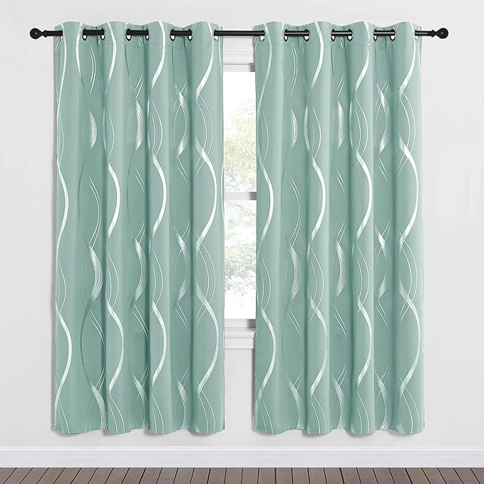 NICETOWN Aqua Blue Curtain Panels 63 inch Long for Dining Room and Patio, W52 x L63 inch, Wave Line Foil Print Design Pattern Drapes for Apartment Wall Decor, 2 Panels - Image 3