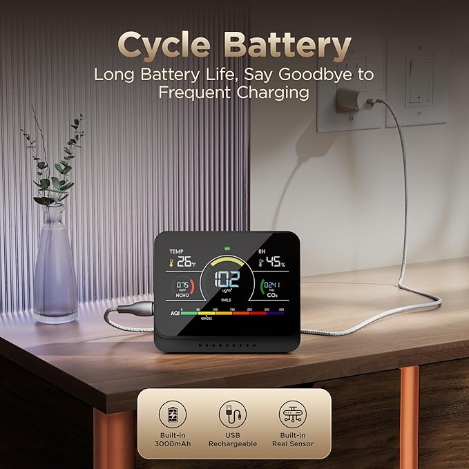Xoopon Professional 13-in-1 Indoor Air Quality Monitor 6AQI with Alert and Buzzers PM1.0 |PM2.5 |PM10 |HCHO |CO2 |Humidity |Temperature, Portable Easy to Use for Car Office (Black) - Image 8