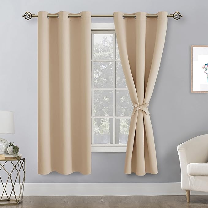 Hiasan Blackout Window Curtain Panels, Thermal Insulated, Light Blocking, Noise Reducing Room Darkening Curtains, Sewn with Tiebacks, Set of 2, Grommet Top (Beige, Width 42 Inch x Length 72 Inch) - Image 2