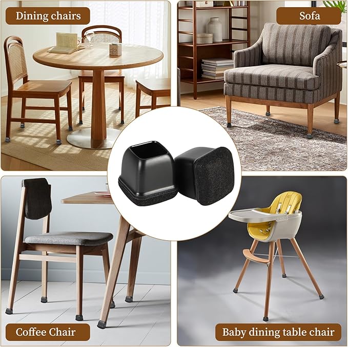 Square Chair Leg Floor Protectors Large 24Pcs,Silicone Chair Leg Protectors for Hardwood Floors/Tiles,Black 360°Wrapped Felt Bottom to Prevent Scratch and Reduce Noise - Image 6