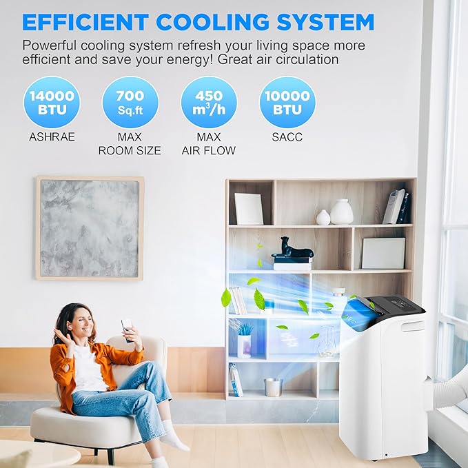 14000 BTU Portable Air Conditioners with Remote Control, 3-in-1 Free Standing Cooling AC Unit with Fan & Dehumidifier, Cools Room up to 700 sq.ft, Smart/Sleep Mode,3 Speed,Auto Swing,24H Timer - Image 2