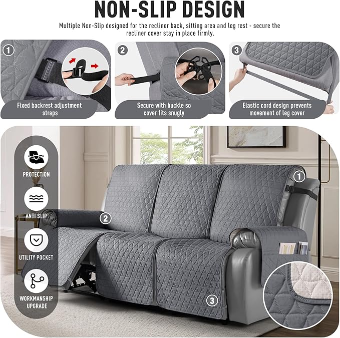 TAOCOCO 100% Waterproof Recliner Cover, Non-Slip Washable Reclining Couch Cover with Elastic Leg Straps, Furniture Protector for Dogs (Gray,3 Seater) - Image 3