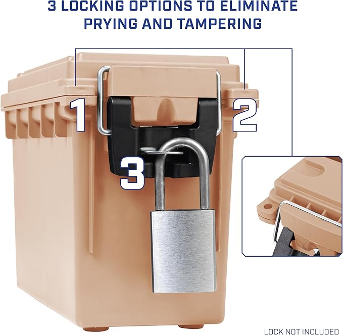 Sheffield 12627 Ammo Storage Box, Stackable .30 Cal Field Boxes, Water and Dust Resistant, Lockable Storage Box with Handle, Secures Hunting Gear, Supplies, and Bullets, Made in USA, Tan, 1-Pack - Image 5