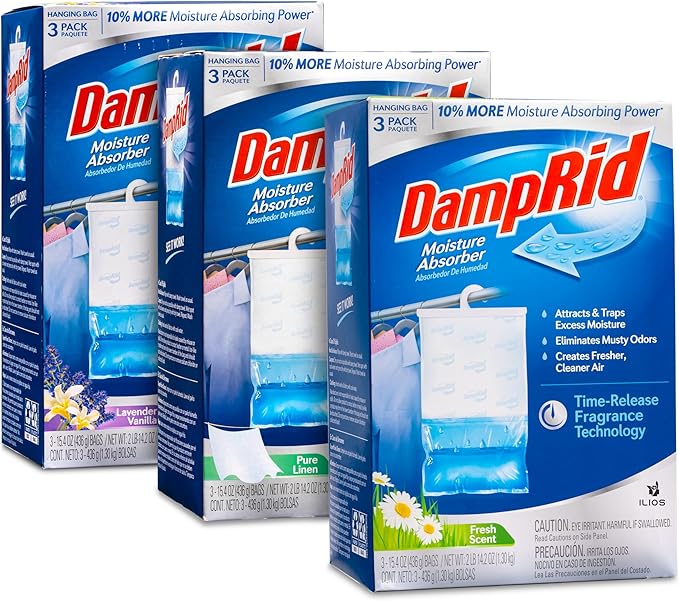 Damp Rid Hanging Bag Moisture Absorbers - 3 Packs of 3-15.4oz (Pure Linen, Lavender Vanilla, Fresh Scent) - Closet Deodorizer Odor Eliminator, 10% More Moisture Absorbing Power - Ilios Packaging by Ilios