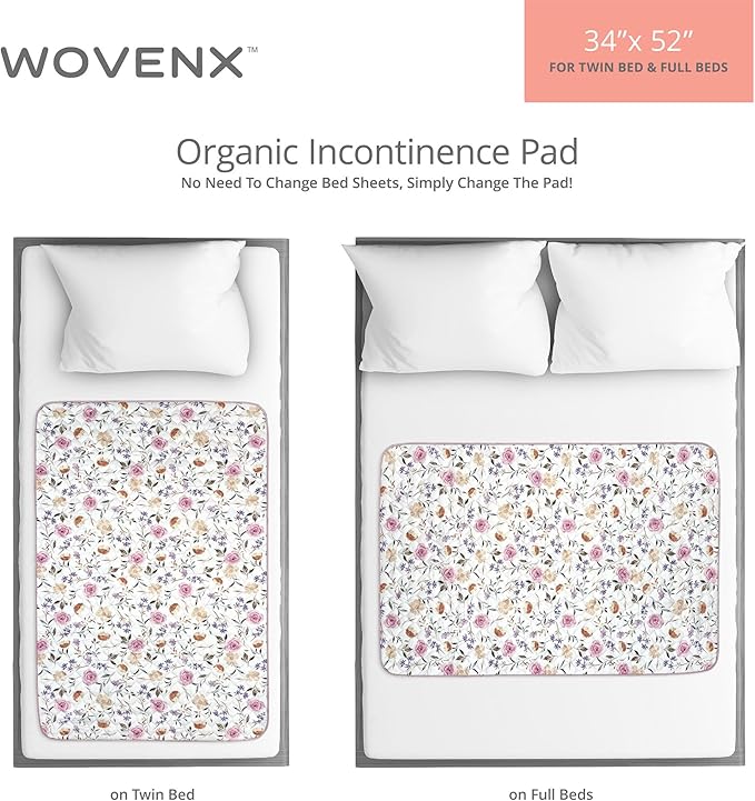 Organic Incontinence Pads for Kids & Toddlers - 5 Layer Waterproof Protectors for Overnight Bed Wetting - Reusable & Washable Pee Pads - Fits Twin to Full Size Beds - 34" x 52" Flower - Image 4