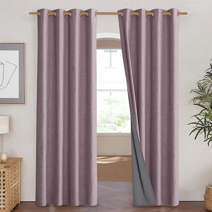 NICETOWN Chaise Mauve Vintage Linen 100% Blackout Curtains for Living Room, Thermal Insulated Curtains 90" Long, Noise Reducing Window Treatment Drapes for Home Cinema, 52" Wide Per Panel, Set of 2 - Image 2