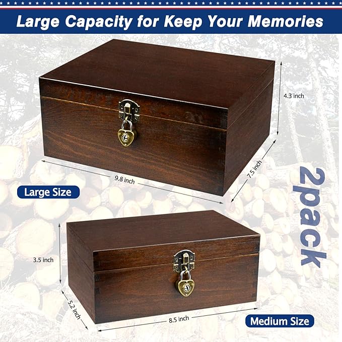 Wood Keepsake Boxes with Lock and Keys Handcrafted Decorative Wooden Storage Case Cabinet Container Hinged Lid Country Rustic Style Organizer for Trinkets Gift Card Collection Coffee Color 2 Pack - Image 3