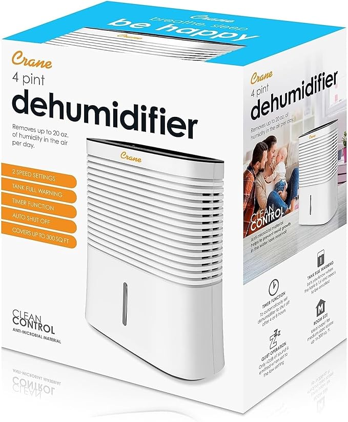 Crane Compact Dehumidifier for 300 Sq Ft Rooms, 0.5 Gallon Tank, For Basements, Bedrooms, Offices, Portable Dehumidifier, Auto Shut-Off, Whisper Quiet - Image 6