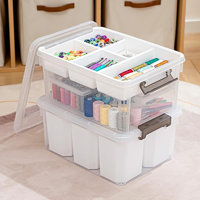 Citylife 17 QT Plastic Storage Box with Removable Tray and 6 Detachable Tall Inserts Craft Organizers and Storage Clear Storage Container for Organizing Crayon, Craft, Sewing, Playdoh, 2 Packs - Image 8