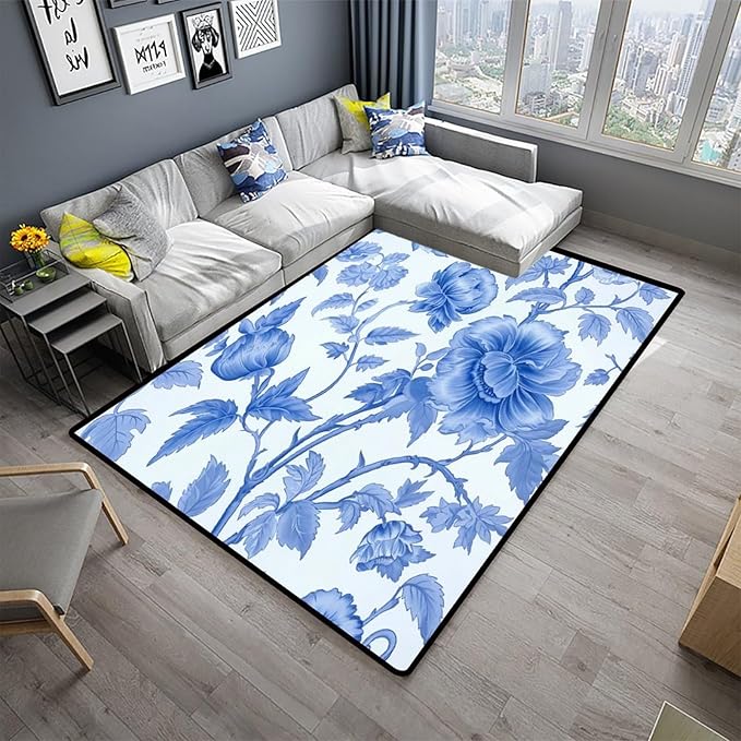 Vintage Blue Peony Design Printed Rug - Foldable Area Rug for Living Room/Bedroom - Fade, Flame, and Stain Resistant, Quick Dry, Waterproof Floor Carpet, 24 x 36 Inch, L-2312-102_60x90 - Image 2