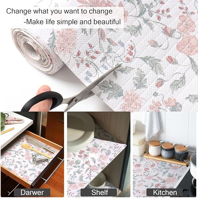 Floral Drawer and Shelf Liner for Cabinets, Non-Adhesive and Strong Non-Slip Shelf Cabinet Drawer Liners for Kitchen, Table,Bookshelves,Waterproof Cupboard Liners,Easy to Clean,12IN x 10FT - Image 6