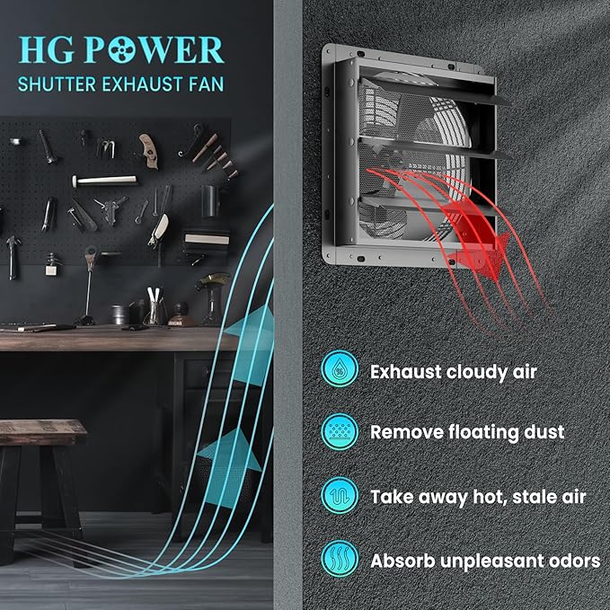 HG Power 12 Inch Shutter Exhaust Fan with Speed Controller, 764CFM High-Speed Vent Fan, 1400RPM Wall Mounted Attic Fan for Shed, Garage, Greenhouse Ventilation, Black - Image 6