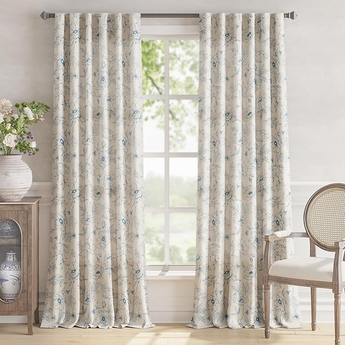 jinchan Floral Linen Curtains for Living Room 96 Inch Length Blue Flower Curtain Rod Pocket Back Tab Farmhouse Curtains with Printed Floral Bedroom Window Curtain Set, 2 Panels Blue - Image 2