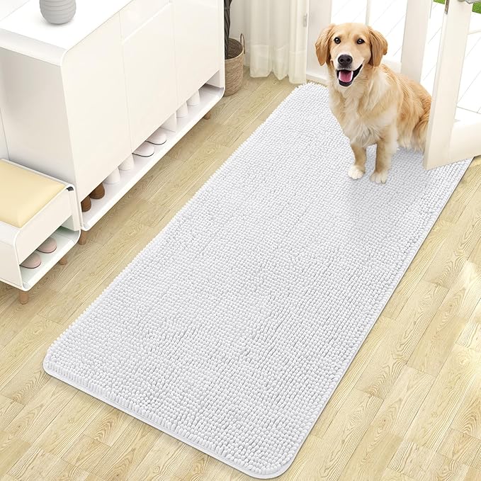 OLANLY Dog Door Mat for Muddy Paws 47x24, Absorbs Moisture and Dirt, Absorbent Non-Slip Washable Doormat, Quick Dry Chenille Mud Mat for Dogs, Entry Indoor Entryway Carpet for Inside Floor, White by OLANLY