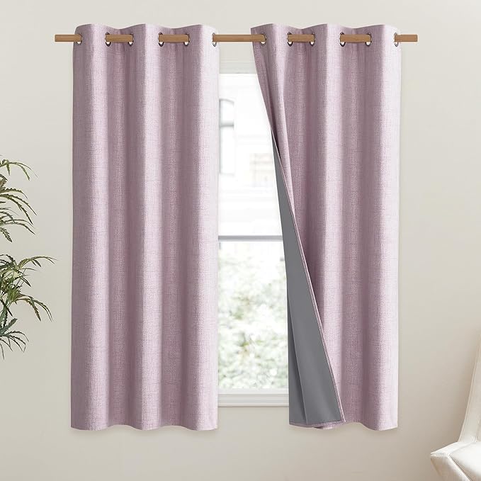 NICETOWN Pink Vintage Linen 100% Blackout Curtains for Dining Room, Thermal Insulated Curtains 45" Long, Noise Reducing Window Treatment Drapes for Kitchen, 42" Wide Per Panel, Set of 2 - Image 2