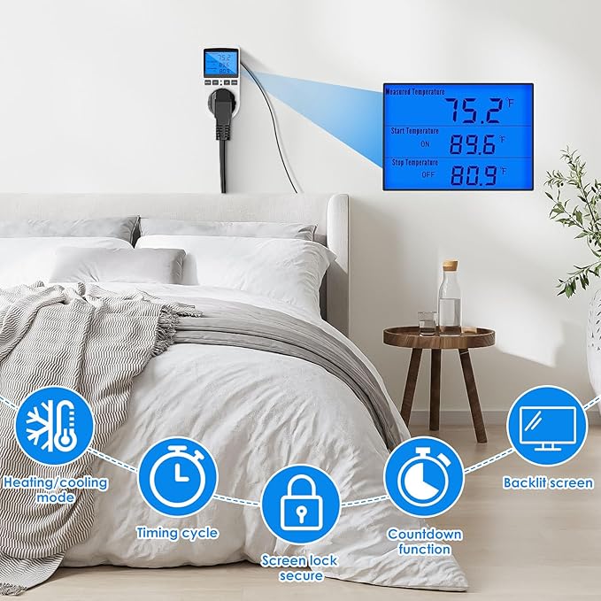 Digital Temperature Controller, 1800W 15A/120V Safe Thermostat Timer Outlet, LCD Display, Heating Cooling Control Timer Outlet Socket, Plug in Temp Controller for Fermenter, Greenhouse - Image 5