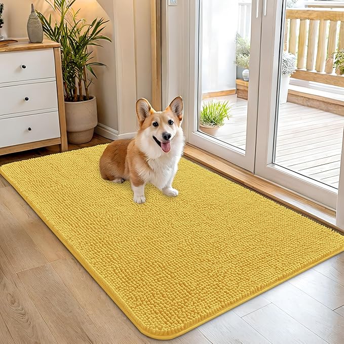 OLANLY Dog Door Mat for Muddy Paws 45x27, Absorbs Moisture and Dirt, Absorbent Non-Slip Washable Doormat, Quick Dry Chenille Mud Mat for Dogs, Entry Indoor Entryway Carpet for Inside Floor, Yellow by OLANLY