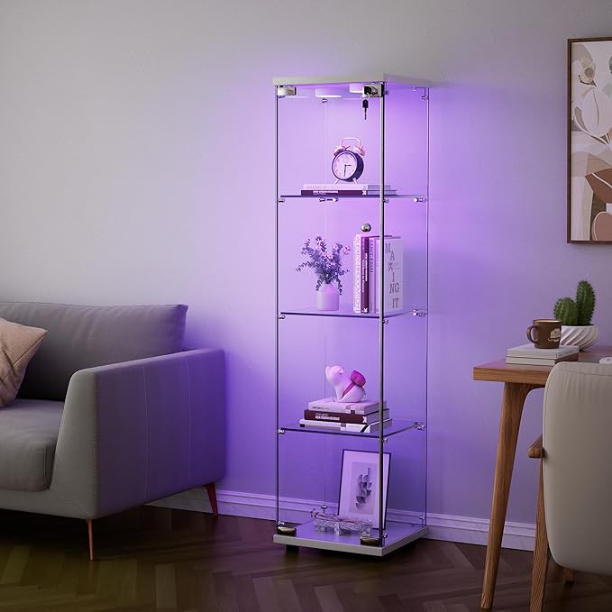 Yoluckea 4 Shelves Glass Display Cabinet with LED Light and Door, Floor Standing Clear Glass Curio Cabinet Collection for Living Room Bedroom 64.7”x16.7”x 14.3” White(Upgrade Assembly) - Image 4