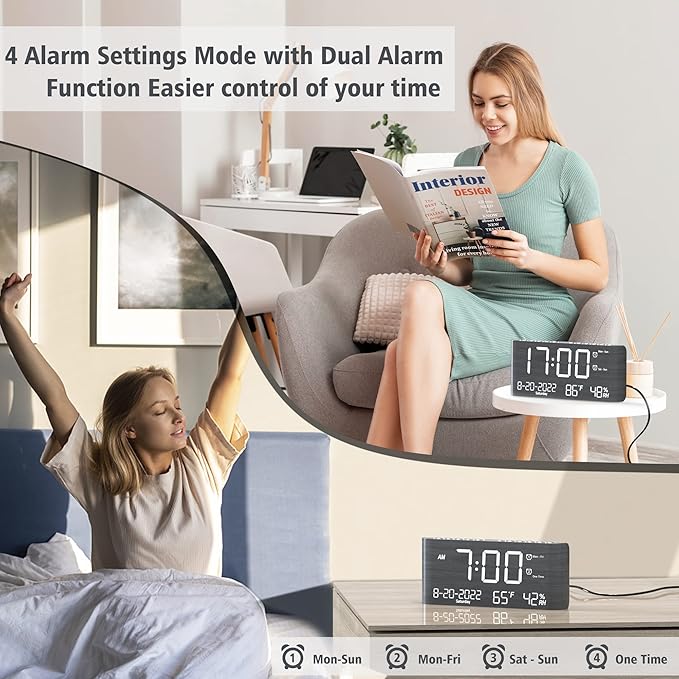 Mesqool Digital Alarm Clock, with Calendar Temperature and Humidity, Loud Volume, Dual Alarm, USB and Type-C Charging Ports, Dimmer, 12/24H, Snooze, Stylish Wood Grain Pattern Digital Clock for Décor - Image 2