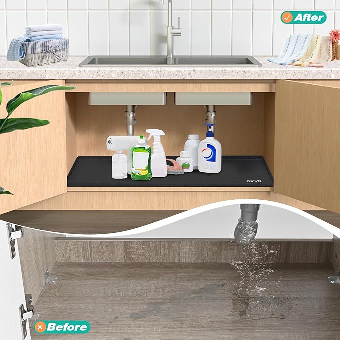 Waterproof Under Sink Mat 31" x 22", Silicone Cabinet Liner, Rubber Protector for Kitchen and Bathroom, Keeps Cabinets Clean, Dry, and Organized (Black) - Image 6