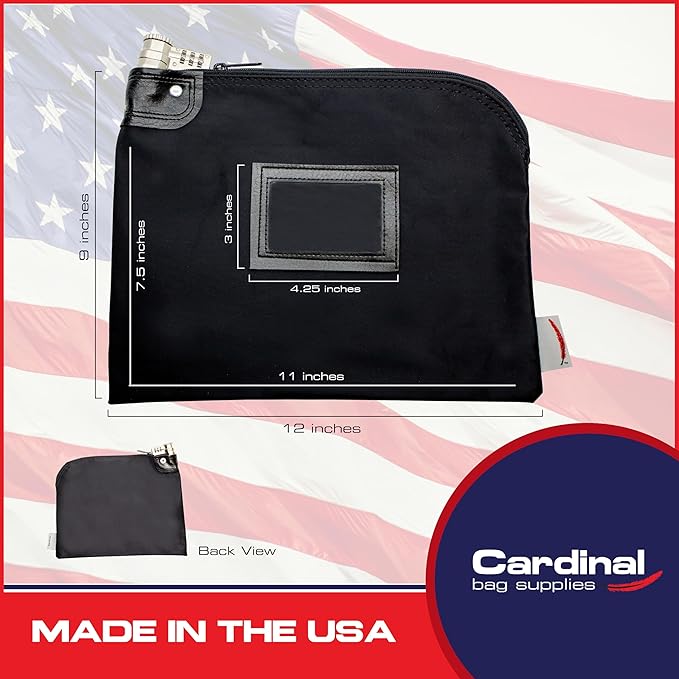 Heavy-Duty Money Bag with Lock – 9" x 12" Water-Repellent Laminated Nylon Bank Deposit Bag with Combination & Keyed Security for Cash, ID Window, Made in USA (Black) - Image 2