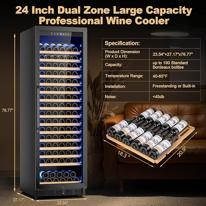 Upgraded 190 Bottles Wine Cooler Refrigerator,24 Inch Wide Wine Fridge with Professional Temperature Control System,Freestanding or Built-in installation, Quiet Operation,Black - Image 2