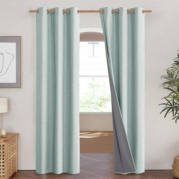 NICETOWN 100% Absolutely Blackout Linen Curtains with Thermal Insulated Liner, Seafoam Green, 42" Wide, 90" Length Energy Saving Curtains for Living Room 2 Panels Set, Vertical Blinds - Image 2