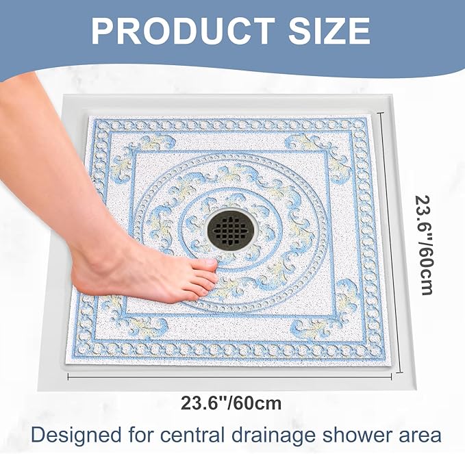 Square Shower Mat Non Slip: 24x24 Inch Extra Large Shower Mats with Drain Hole in Middle -Anti Slip Shower Mats for Inside Shower -Loofah Shower Floor Mat Bath Mat for Shower Stall Bathtub Elderly - Image 2
