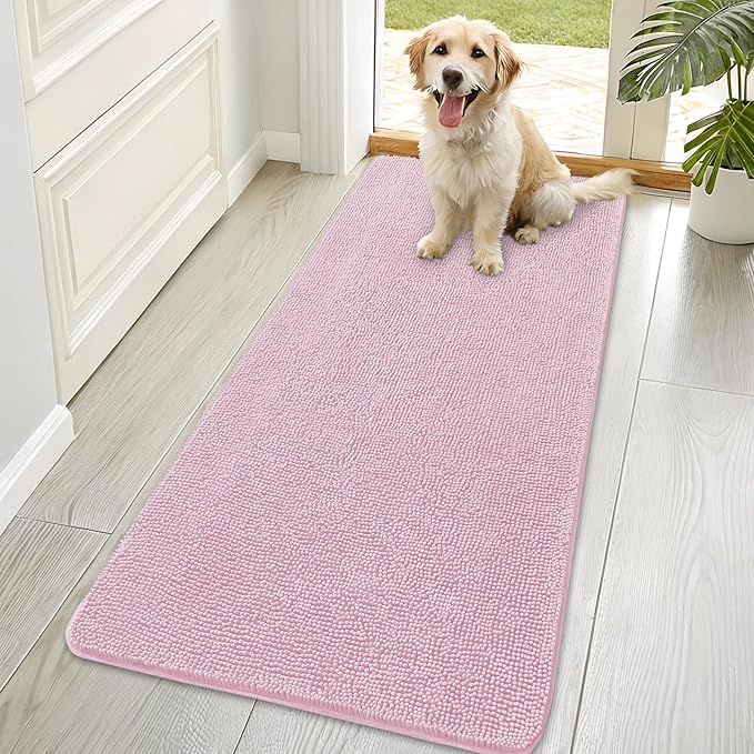 OLANLY Dog Door Mat for Muddy Paws 70x35, Absorbs Moisture and Dirt, Absorbent Non-Slip Washable Doormat, Quick Dry Chenille Mud Mat for Dogs, Entry Indoor Entryway Carpet for Inside Floor, Dusty Rose by OLANLY