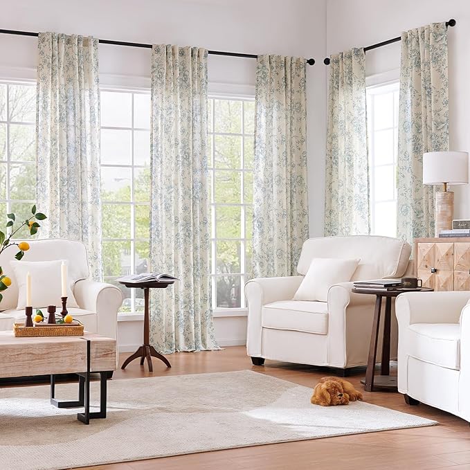 jinchan Linen Blend Curtain Floral Curtains for Living Room 45 Inch Length Blue Printed Curtain Rod Pocket Back Tab Farmhouse Peony Flower Patterned Drapes Bedroom Window Curtains Set 2 Panels - Image 2
