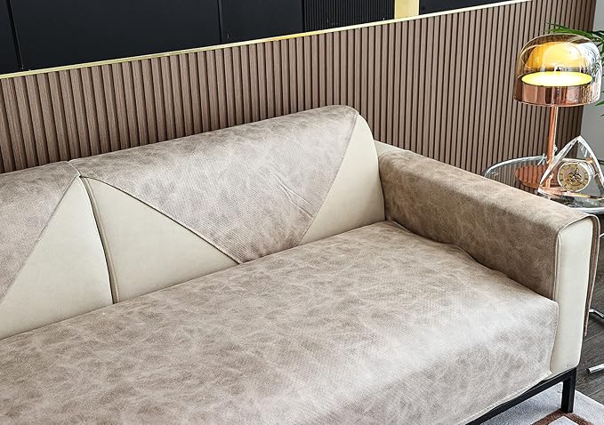 Faux Leather Waterproof Couch Sofa Cover Vintage PU Sectional Couch Cover Non Slip Sofa Slipcover Furniture Protector for Kids Dogs Cats (Cream,36"x82") - Image 6