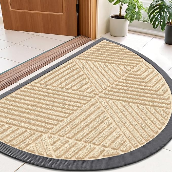 Smiry Half Circle Front Door Mat Outside Entrance, Heavy Duty Sturdy Natural Rubber Doormat, Trap Dirt and Moisture, Low Profile Mats for Indoor Outdoor Entry, Irregular Triangle (35x23, Beige) by Smiry