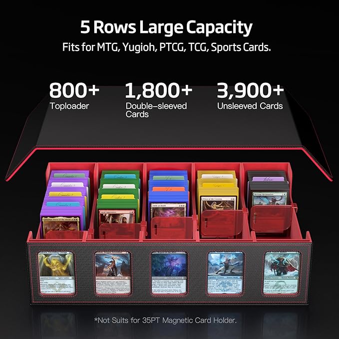 Trading Card Storage Box 5-Row 3900+ Capacity,TCG MTG Card Case with Magnetic Lid & Commander Display,Top Loader Storage for Sports Cards,Includes Dividers Dice Box（Black＆Red） - Image 3