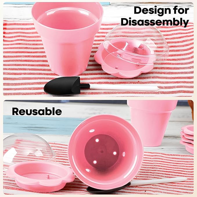 20 Pcs Nursery Pots with Humidity Dome, Cupcake Plant Nursery Pots with Bring A Plate and Shovel, Planting Cups for Seeds for Indoor Gardening and Plant Propagation(Pink) - Image 4