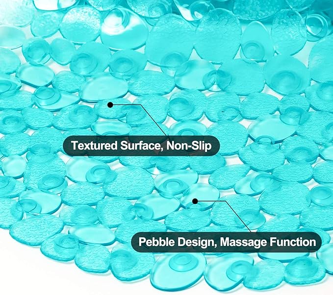 WELTRXE Pebbles Bath Mat Oval Non-Slip Bathtub Mat with Suction Cups, Drain Holes for Bathroom Showers, Tub, Machine Washable, BPA, Latex Free Safe Shower Mats, 27 x 14 Inch, Teal - Image 3