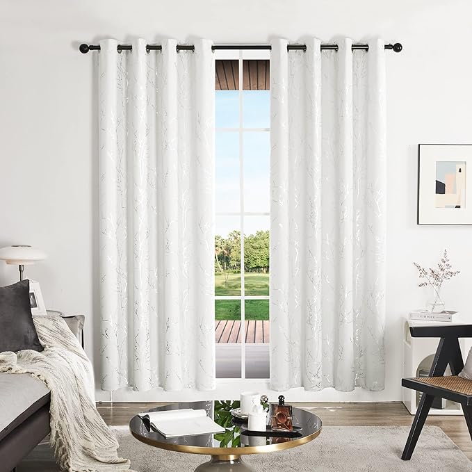 Deconovo White Curtains, Room Darkening Curtain, Thermal Insulated & Noise Reducing Drapes, Silver Branch Pattern, 52 x 108 Inch Long, Grommet Panels for Bedroom Living Room Office Nursery, Set of 2 - Image 2