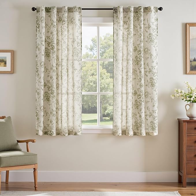 jinchan Linen Floral Curtains 63 Inch Length for Living Room Bedroom Light Filtering Farmhouse Peony Flower Drapes Rustic Window Curtain Set Rod Pocket Back Tab 2 Panels Green by JINCHAN