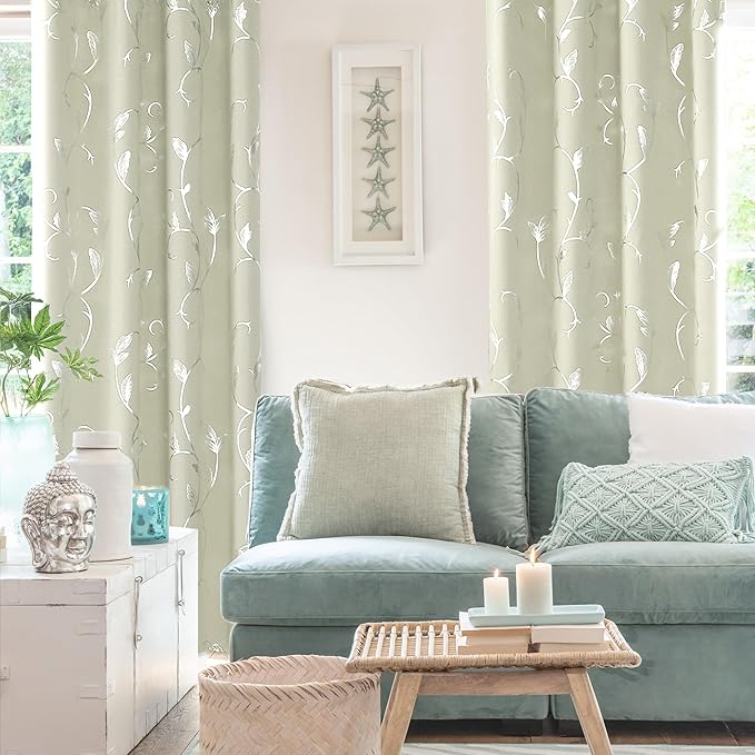 BUHUA Blackout Curtains Silver Foil Print Flower Vine Grommet Drapes, Room Darkening Thermal Insulated Curtains, Noise Reducing Curtain for Bedroom, Cream, 52Wx84L, 2 Panels - Image 3